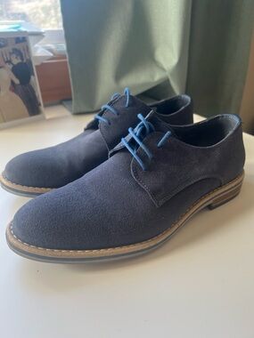 Italian Men's Navy Suede Derby Shoes with Contrasting Blue Laces